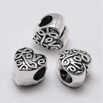Alloy European Beads, Heart, Large Hole Beads, Antique Silver, 10.5x10x8mm, Hole: 5mm