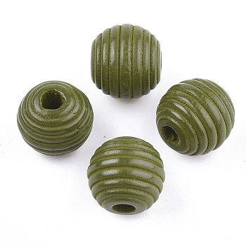 Painted Natural Wood Beehive Beads, Round, Olive, 12x11mm, Hole: 3mm