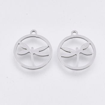 201 Stainless Steel Pendants, Laser Cut Pendants, Flat Round with Dragonfly, Stainless Steel Color, 16.5x14.5x1mm, Hole: 1.4mm