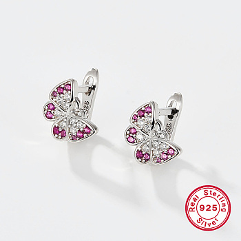 Rhodium Plated Platinum Plated 925 Sterling Silver Hoop Earrings, Cubic Zirconia Butterfly Earrings, with 925 Stamp, Deep Pink, 10x9mm