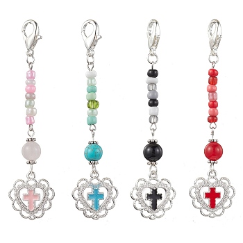 4Pcs Glass Seed Bead Pendant Decorations, with Alloy Enamel Heart Charms and Gemstone, Platinum, 86mm, 4pcs/set