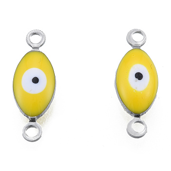 304 Stainless Steel Enamel Connector Charms, Stainless Steel Color, Horse Eye, Yellow, 14.5x5x3mm, Hole: 1.2mm