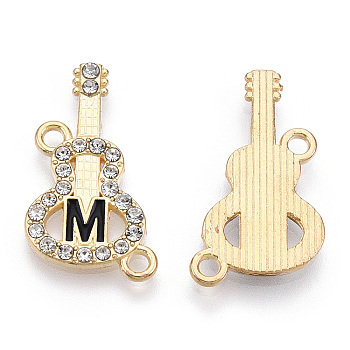 Alloy Black Enamel Connector Charms, with Crystal Rhinestone, Cadmium Free & Lead Free, Guitar Links with Letter, Light Gold, Letter.M, 24x14x2mm, Hole: 1.8mm