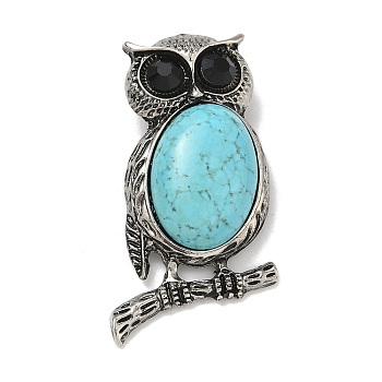 Dyed Synthetic Turquoise Big Pendants, Brass Jet Rhinestone Owl Charms, Antique Silver, 52x31x9.5mm, Hole: 9.5x5mm