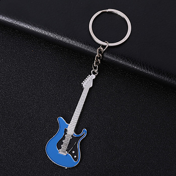 Baking Paint Zinc Alloy Keychain, with Key Rings, Guitar, Dodger Blue, 7x2.6cm