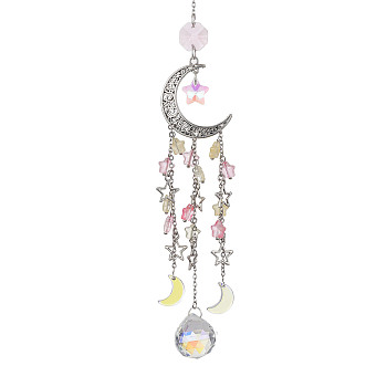 Glass Pendant Decoration, with Alloy Hollow Moon & Star Charm, for Home Decoration, Hot Pink, 265mm