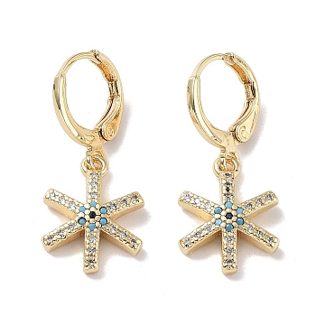 Real 18K Gold Plated Brass Dangle Leverback Earrings, with Cubic Zirconia, Snowflake, Sky Blue, 29x12mm