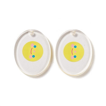 Transparent Acrylic Pendants, Oval with Smiling Face Pattern, Yellow, 38x29.5x3.5mm, Hole: 3mm
