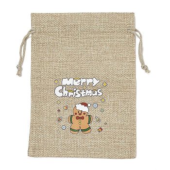 Christmas Printed Burlap Packing Pouches Drawstring Bags, Rectangle, Tan, Gingerbread Man, 18x13x0.01cm