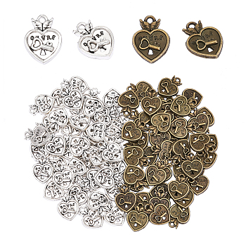80Pcs 2 Colors Alloy Pendant, Heart with Key, Antique Bronze & Antique Silver, 17x13x2.5mm, Hole: 1.6mm, 40pcs/color