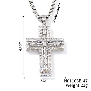 Brass Crystal Rhinestone Shiny Cross Pendant Box Chain Necklaces, Platinum, 23.62 inch(60cm)