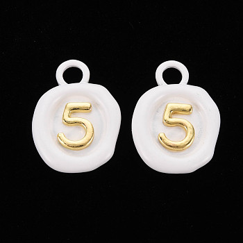 Spray Painted Alloy Pendants, Cadmium Free & Lead Free, Oval with Number 5, White, 26x18.5x3mm, Hole: 4mm