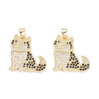Brass Micro Pave Clear & Black Cubic Zirconia Pendants, Long-Lasting Plated, Cadmium Free & Lead Free, Cat, Real 18K Gold Plated, 25x20x2mm, Hole: 4.5x3.5mm