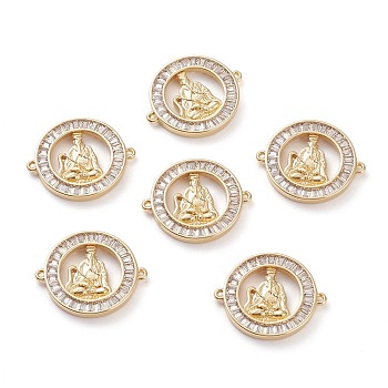 Brass Micro Pave Clear Cubic Zirconia Links Connectors, Flat Round with Taoist, Real 18K Gold Plated, 20.5x24.5x3mm, Hole: 1mm