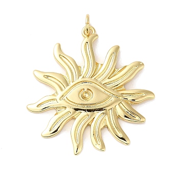 Rack Plating Brass Pendants, with Jump Ring, Lead Free & Cadmium Free, Long-Lasting Plated, Sun with Eye Charm, Real 18K Gold Plated, 31x30.5x2mm, Hole: 3.5mm