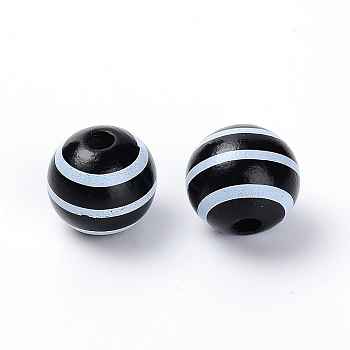 Natural Chinese Cherry Wood Beads, Round with Stripe Pattern, Black, 15x16mm, Hole: 4mm