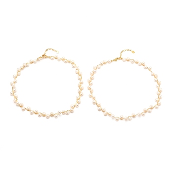 Natural Fresh Water Pearl Beaded Necklaces, with Brass Cable Chain, Long-Lasting Plated, Real 18K Gold Plated, 38.5x1cm