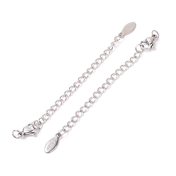 Stainless Steel Chain Extender, with Lobster Claw Clasps & Curb Chains, Stainless Steel Color, 74x3mm