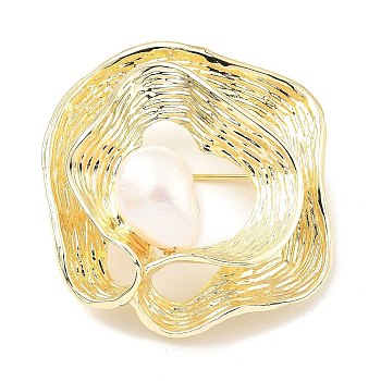 Brass Ribbon Brooch, Natural Baroque Pearl Jewely for Women, Real 14K Gold Plated, 44x44x22mm