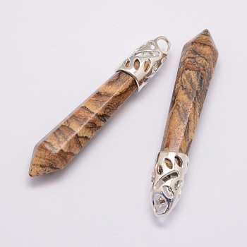 Natural Picture Jasper Big Pointed Pendants, with Alloy Findings, Bullet, Platinum, 57~63x13x10mm, Hole: 3x4mm