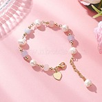 Round Natural Cultured Freshwater Pearl & Natural Lavender Amethyst & Aquamarine & Madagascar Rose Quartz Beaded Link Bracelets for Women, Golden, 7-1/8 inch(18cm)(BJEW-JB12807)