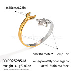 304 Stainless Steel Adjustable Cuff Open Rings for Women, Moon Star, Real Gold Plated & Stainless Steel Color, Inner Diameter: 18mm(CK6350)