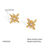 Vintage 304 Stainless Steel Crystal Rhinestone Eight-Pointed Star Stud Earrings for Women, Real 18K Gold Plated, 8.5mm(RA4513-2)