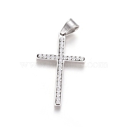 304 Stainless Steel Pendants, with Crystal Rhinestone, Cross, Stainless Steel Color, 43.5x25.5x3.5mm, Hole: 5x7.5mm(STAS-E485-07P)