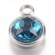 304 Stainless Steel Glass Rhinestone Charms, December Birthstone Charms, Faceted, Flat Round, Blue, 14x10x7mm, Hole: 2.5mm(STAS-G082-04)