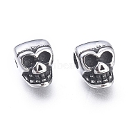 Halloween 304 Stainless Steel Beads, Skull Head, Antique Silver, 6x5x8.5mm, Hole: 2.8mm(STAS-M274-098AS)