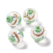 Handmade Silver Foil Lampwork Beads, with Gold Sand, Round, Light Green, 12x11mm, Hole: 1.8mm(GLAA-Z001-05G)