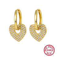 925 Sterling Silver Micro Pave Cubic Zirconia Dangle Hoop Earrings, Heart, Real 18K Gold Plated, 11.50mm(IE1213-6)