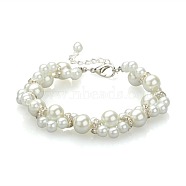 Fashionable Glass Pearl Beads Bracelets, with Iron Rhinestone Beads and Alloy Lobster Claw Clasps, Wedding Bracelets, White, 205mm(BJEW-PJB829)