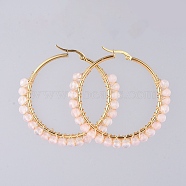 Beaded Hoop Earrings, with Natural Rose Quartz Beads, Golden Plated 304 Stainless Steel Hoop Earrings and Cardboard Packing Box, 50mm, Pin: 0.6x1mm(X-EJEW-JE03830-03)