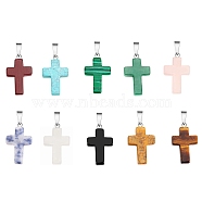 Natural & Synthetic Mixed Gemstone Pendants, with Stainless Steel Snap On Bails, Cross, Mixed Dyed and Undyed, 29x18x5mm, Hole: 6mm, 10pcs/box(G-CJ0001-29)