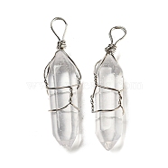 Natural Quartz Crystal Double Terminal Pointed Pendants, Rock Crystal Faceted Bullet Charms with Platinum Plated Iron Wire Wrapped, 42~46x10x13mm, Hole: 6~7x4.5~5.5mm(G-H308-05P-01)