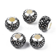 Handmade Polymer Clay Rhinestone European Beads, with Silver Tone CCB Plastic Double Cores, Large Hole Beads, Rondelle, Jet Hematite, 12.5~13x10mm, Hole: 4.5mm(RB-N053-001-04)