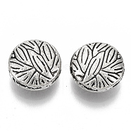 Tibetan Style Alloy Beads, Cadmium Free & Lead Free, Flat Round with Leaf, Antique Silver, 10x4.5mm, Hole: 1.2mm, about 730pcs/1000g(TIBE-R317-088AS-LF)