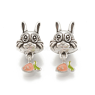 Alloy European Bunny Dangle Charms, Large Hole Pendants, with Enamel, Rabbit with Carrot Charms, Light Salmon, Antique Silver, 20mm, Hole: 4.5mm, 7x7mm(X-MPDL-S066-033)