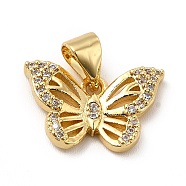 Rack Plating Brass Micro Pave Cubic Zirconia Pendants, Cadmium Free & Lead Free, Real 18K Gold Plated, Hollow Butterfly Charm, Clear, 15.5x10x2mm, Hole: 3.5x5mm(KK-E072-24G)