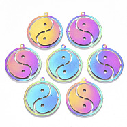 Feng Shui Ion Plating(IP) 201 Stainless Steel Pendants, Etched Metal Embellishments, Flat Round with YinYang, Rainbow Color, 33x30x0.3mm, Hole: 2mm(X-STAS-R114-006)