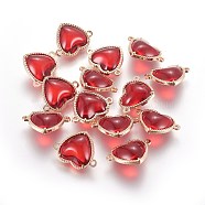Glass Links connectors, with Eco-Friendly Alloy Findings, Heart, Light Gold, Red, 14x18.5x7mm, Hole: 1.2mm(GLAA-I041-02KCG)