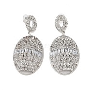 Brass Micro Pave Cubic Zirconia Stud Earrings, Oval, Platinum, 67x29.5mm(EJEW-B046-18P)