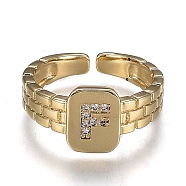 Brass Micro Pave Clear Cubic Zirconia Cuff Rings, Open Rings, Cadmium Free & Lead Free, Rectangle, Golden, Letter.F, US Size 6 1/4, Inner Diameter: 16.8mm(RJEW-H538-02G-F)
