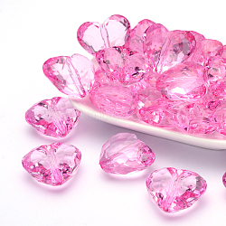 Transparent Acrylic Beads, Faceted Heart, Hot Pink, about 25mm long, 28.5mm wide, 16mm thick, hole: 3mm, about 88pcs/500g(PL318Y-4)