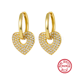 925 Sterling Silver Micro Pave Cubic Zirconia Dangle Hoop Earrings, Heart, Real 18K Gold Plated, 11.50mm(IE1213-6)