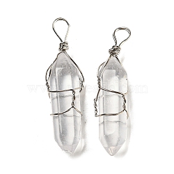 Natural Quartz Crystal Double Terminal Pointed Pendants, Rock Crystal Faceted Bullet Charms with Platinum Plated Iron Wire Wrapped, 42~46x10x13mm, Hole: 6~7x4.5~5.5mm(G-H308-05P-01)