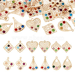 24Pcs 6 Style Iron with Glass Pendants, Hollow Charm, Mixed Shape, Mixed Color, 30~34.5x22~30x5~5.5mm, Hole: 1.6~2mm, 4pcs/style(IFIN-TA0001-61)