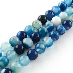 Dyed Natural Striped Agate/Banded Agate Round Bead Strands, Dodger Blue, 4mm, Hole: 1mm, about 95pcs/strand, 15.7 inch(X-G-R342-4mm-05)