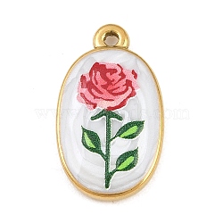 Printed 304 Stainless Steel Pendants, Oval with Rose Charms, Golden, Red, 23.5x13.5x3.5mm, Hole: 1.5mm(SA-CBA7467-02C-G)